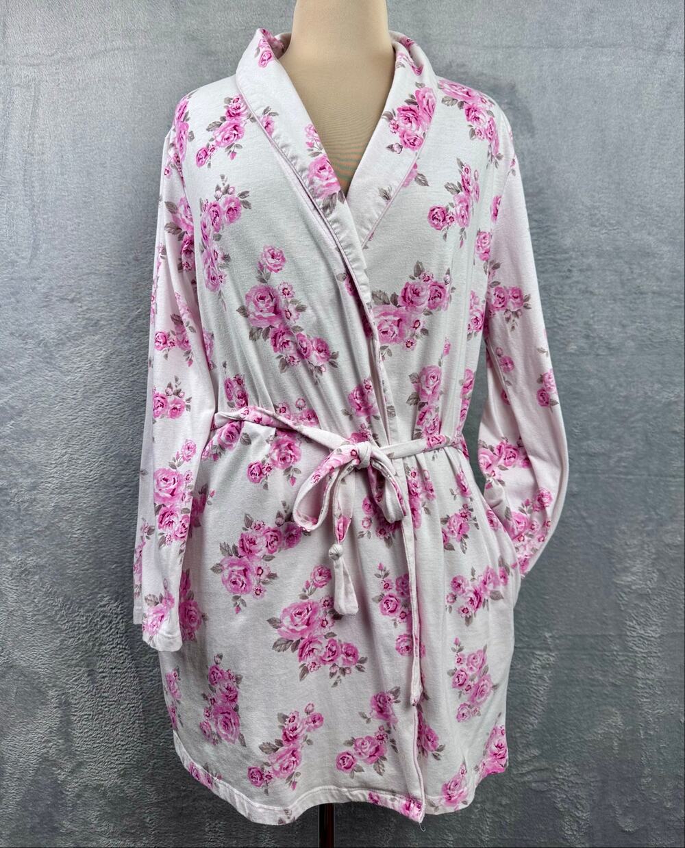 Vintage Laura Ashley Pink Floral Cotton Short Belted Robe Lounge Cottagecore - M